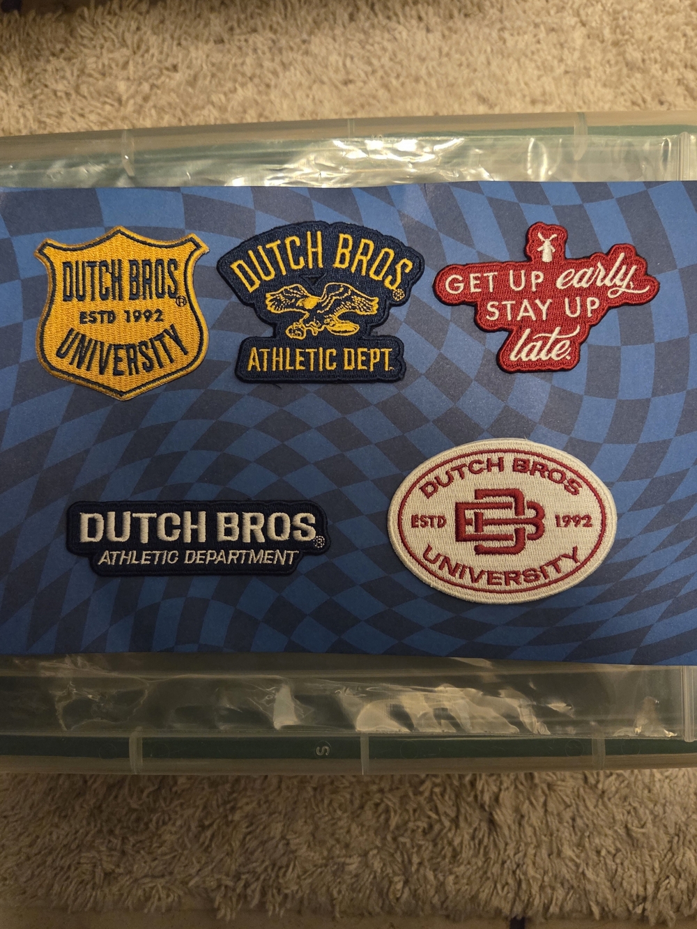 Dutch Bros Athletic Dept University patches. Set of 5